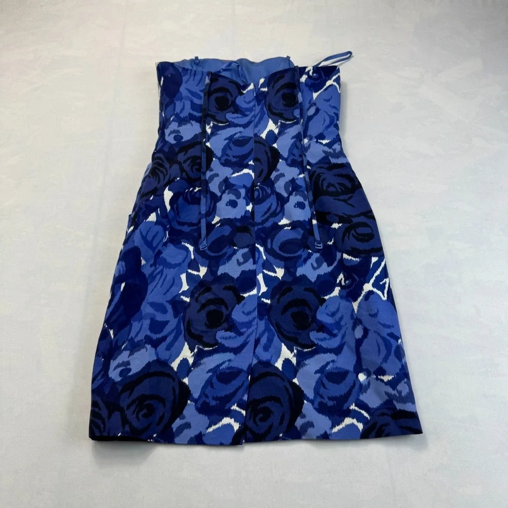 Ann Taylor Strapless Sheath Dress Womens Petite 00P Blue Floral Lined Sleeveless